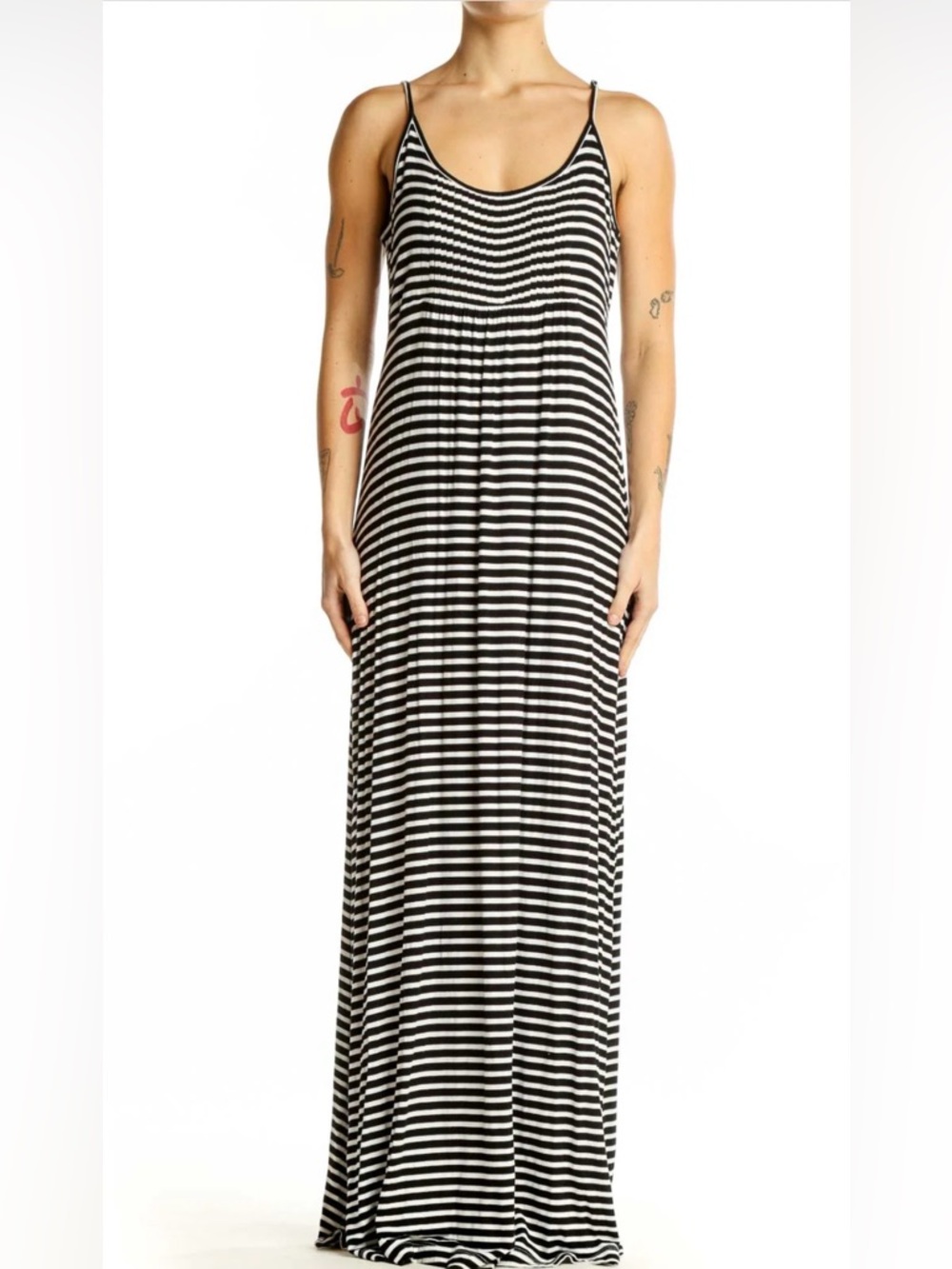 Calvin Klein Black and White Horizontal Striped Maxi Dress